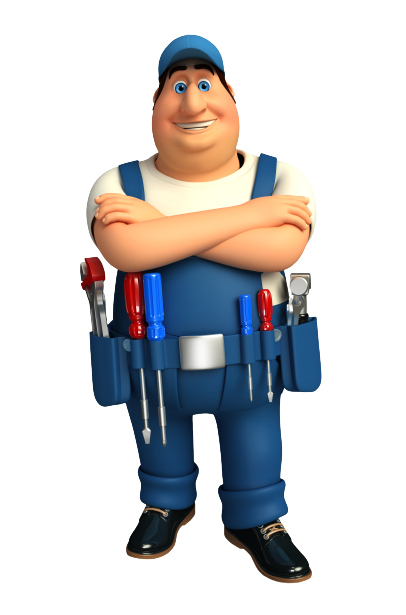 Cartoon handyman wearing blue overalls and a tool belt full of screwdrivers, crossing his arms across his chest smiling.