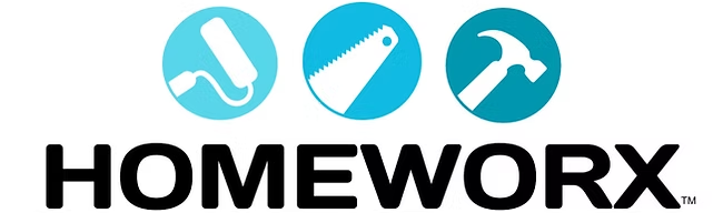Graphic showing three circular icons—a paint roller, saw, and hammer—above the bold HOMEWORX wordmark on a white background.