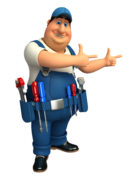 Cartoon handyman wearing blue overalls and a tool belt full of screwdrivers, pointing with both hands in a welcoming gesture.