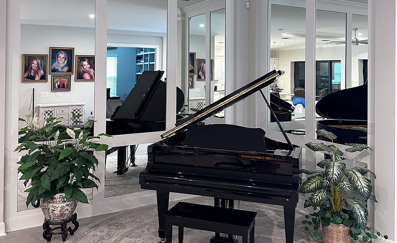 Black baby grand piano positioned in front of a full-height mirror-panel accent wall, flanked by potted plants and reflecting family portraits.