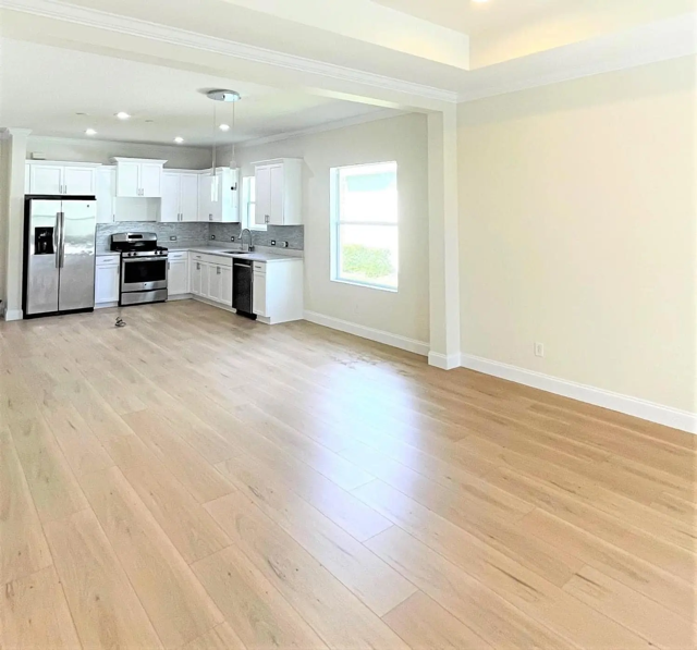Spacious open-concept kitchen and living area with light wood-look luxury vinyl plank flooring, white shaker cabinets, stainless steel appliances, tray ceiling with recessed lights, and large windows.