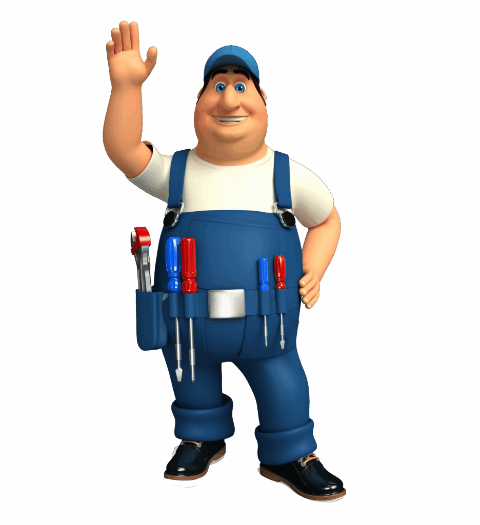 Cartoon handyman wearing blue overalls and a tool belt full of screwdrivers, waving hello.