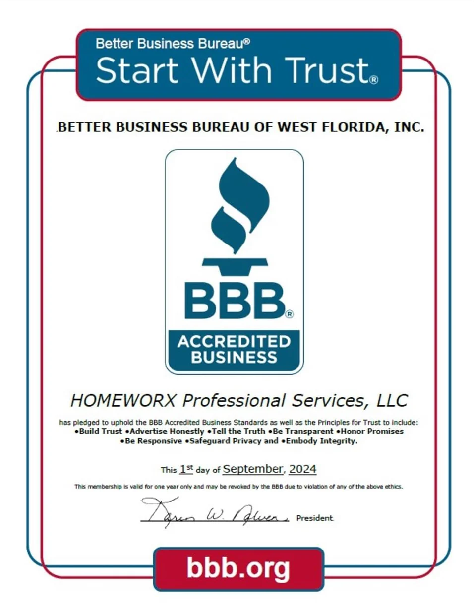 Certificate acknowledging Homeworx is a BBB accredited business