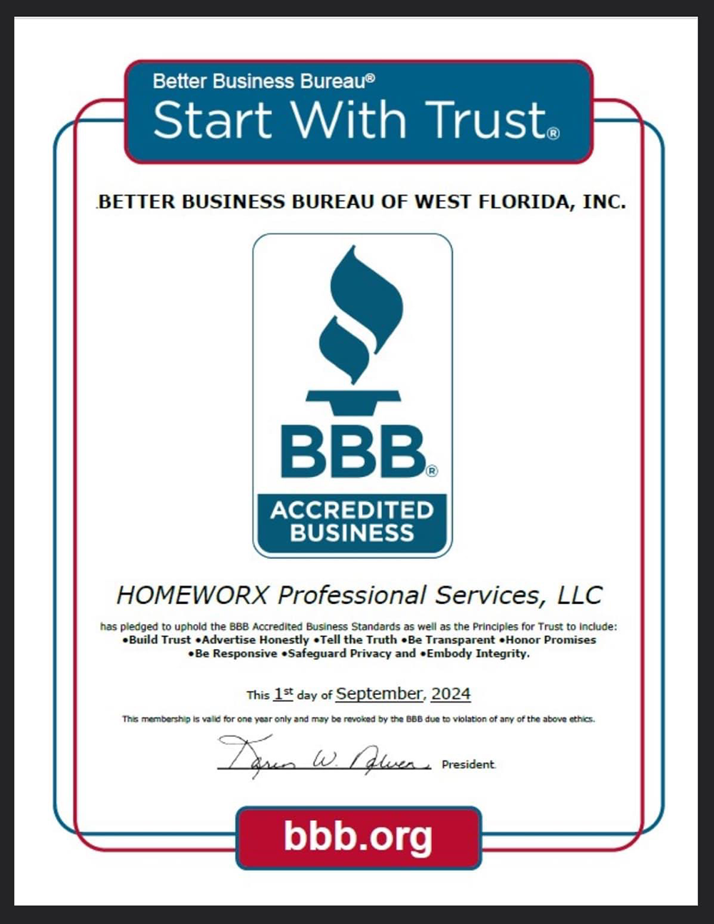 Certificate acknowledging Homeworx is a BBB accredited business